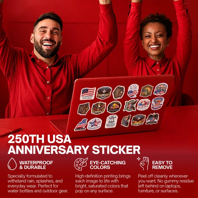 Alt view image 5 of 7 - Premium 250 Pcs United States 250th Anniversary Stickers, 250 Unique Designs USA Waterproof Vinyl Decals for Laptop, Water Bottle, Phone, Luggage, Scrapbook & Independence Day Gifts
