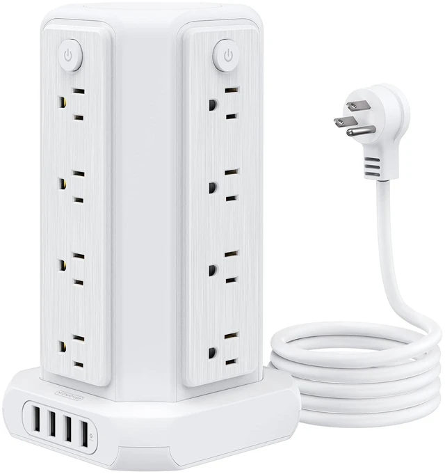 Main image of Power Strip Tower Surge Protector, 16 Outlet 4 USB Ports Desktop Charging Station, Individual Switch, 5 ft Extension Cord with Multiple Outlets for Home Office Dorm Room Desk, 1080J, White