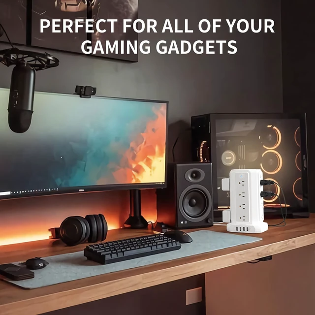 Alt view image 2 of 7 - Power Strip Tower Surge Protector, 16 Outlet 4 USB Ports Desktop Charging Station, Individual Switch, 5 ft Extension Cord with Multiple Outlets for Home Office Dorm Room Desk, 1080J, White