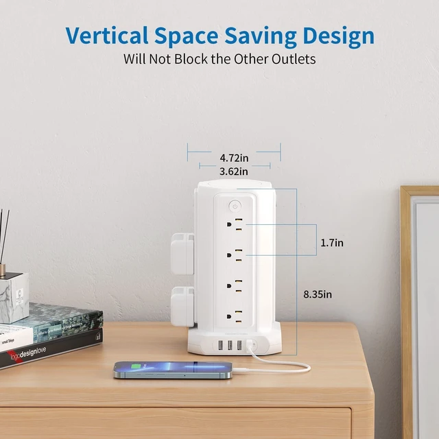 Alt view image 3 of 7 - Power Strip Tower Surge Protector, 16 Outlet 4 USB Ports Desktop Charging Station, Individual Switch, 5 ft Extension Cord with Multiple Outlets for Home Office Dorm Room Desk, 1080J, White
