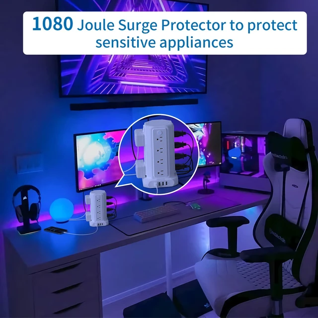 Alt view image 6 of 7 - Power Strip Tower Surge Protector, 16 Outlet 4 USB Ports Desktop Charging Station, Individual Switch, 5 ft Extension Cord with Multiple Outlets for Home Office Dorm Room Desk, 1080J, White