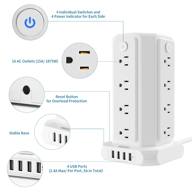 Alt view image 5 of 7 - Power Strip Tower Surge Protector, 16 Outlet 4 USB Ports Desktop Charging Station, Individual Switch, 5 ft Extension Cord with Multiple Outlets for Home Office Dorm Room Desk, 1080J, White