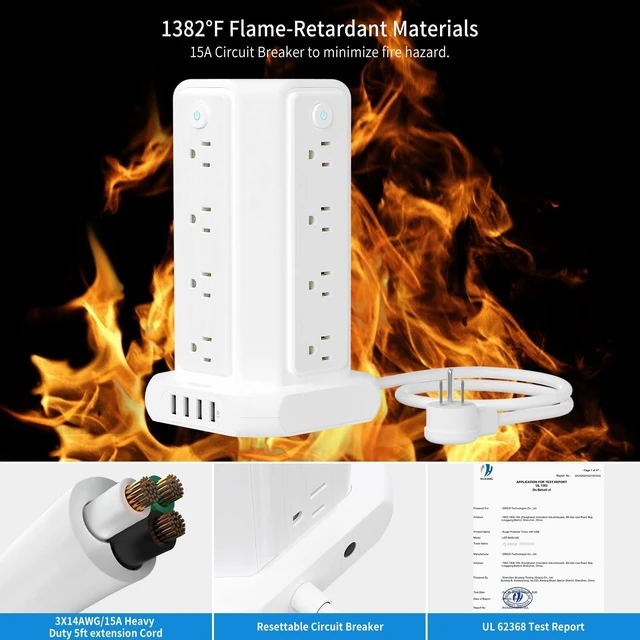 Alt view image 7 of 7 - Power Strip Tower Surge Protector, 16 Outlet 4 USB Ports Desktop Charging Station, Individual Switch, 5 ft Extension Cord with Multiple Outlets for Home Office Dorm Room Desk, 1080J, White