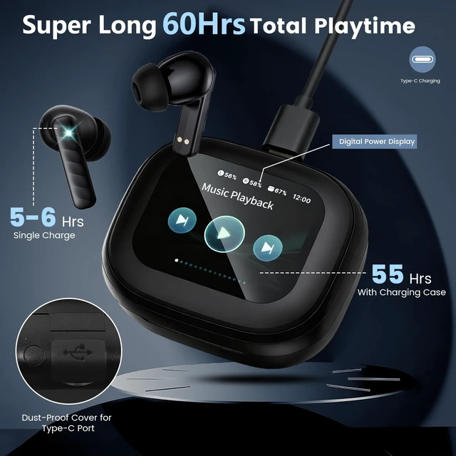 Alt view image 4 of 7 - Touch Screen Earbuds, Wireless Bluetooth in-Ear Headphones with ANC Noise Cancelling, 60H Playtime, IPX5 Waterproof for Sports Gym Work Travel