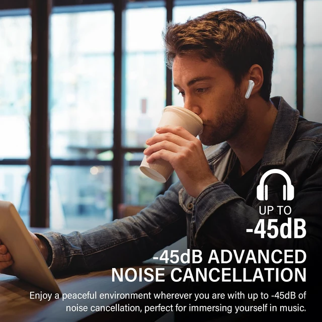 Alt view image 3 of 7 - Hybrid Active Noise Canceling Wireless Earbuds, 6 Mics ENC Clear Call Ear Buds, Hi-Res Audio Deep Bass Bluetooth 5.4 Headphones, 48H Playtime, IP7, 8 EQ Modes, Multipoint Connection (White)