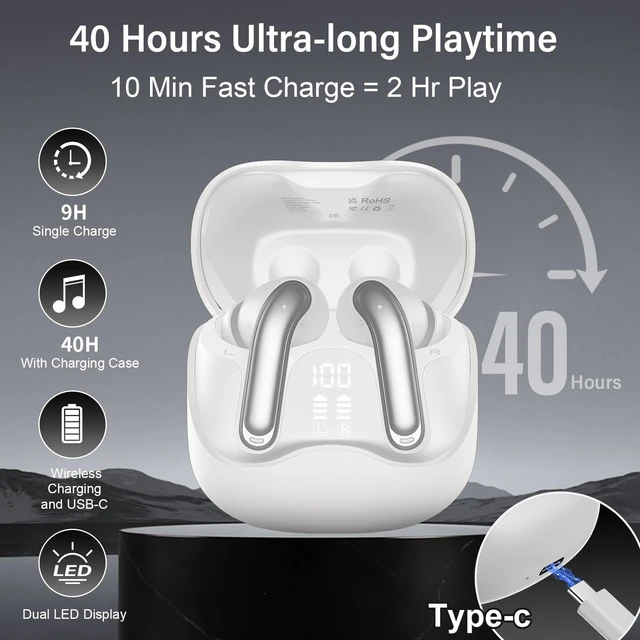 Alt view image 5 of 7 - Hybrid Active Noise Canceling Wireless Earbuds, 6 Mics ENC Clear Call Ear Buds, Hi-Res Audio Deep Bass Bluetooth 5.4 Headphones, 48H Playtime, IP7, 8 EQ Modes, Multipoint Connection (White)