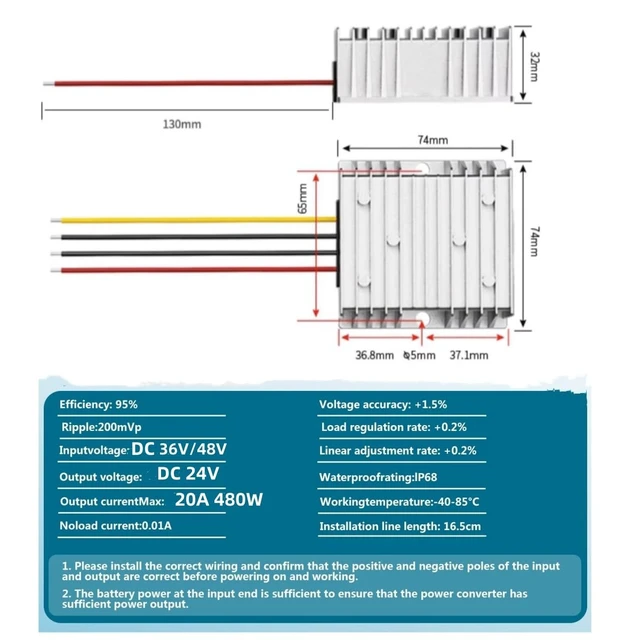 Alt view image 2 of 7 - DC 24V 20A 480W 48V to 24V Buck Converter 36V to 24V DC Step-Down Converter Transformer Waterproof Voltage Regulator Converter for Golf cart LED Lights