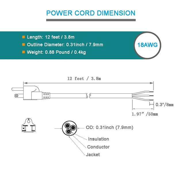 Alt view image 5 of 6 - 12FT 18AWG Power Cord Pigtail 3 Prong Open Wiring End Heavy Duty SJT Replacement Power Cord Cable NEMA 5-15P Male Plug, Power Cable 10A, 1200W at 120VAC