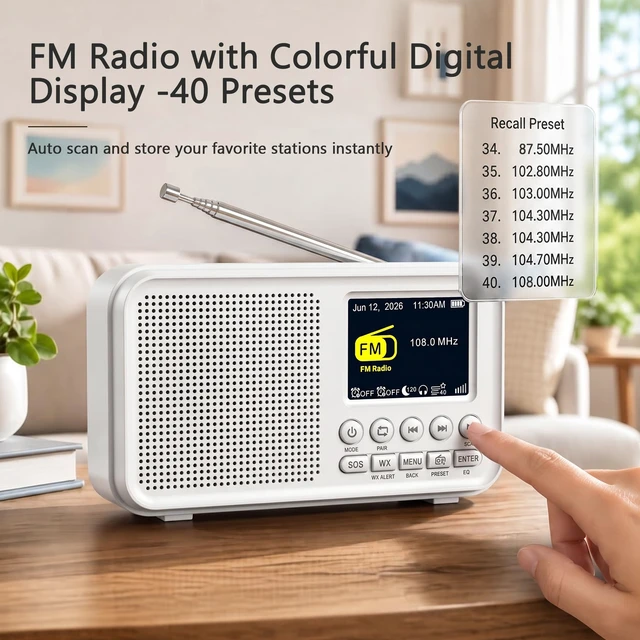 Alt view image 2 of 7 - Portable FM Radio with 40 Presets, Bluetooth & 3000mAh Battery NOAA Weather Alert, MicroSD Playback, 8W Speaker, Headphone Jack, Dual Alarm Clock & Sleep Timer for Home and Bedroom