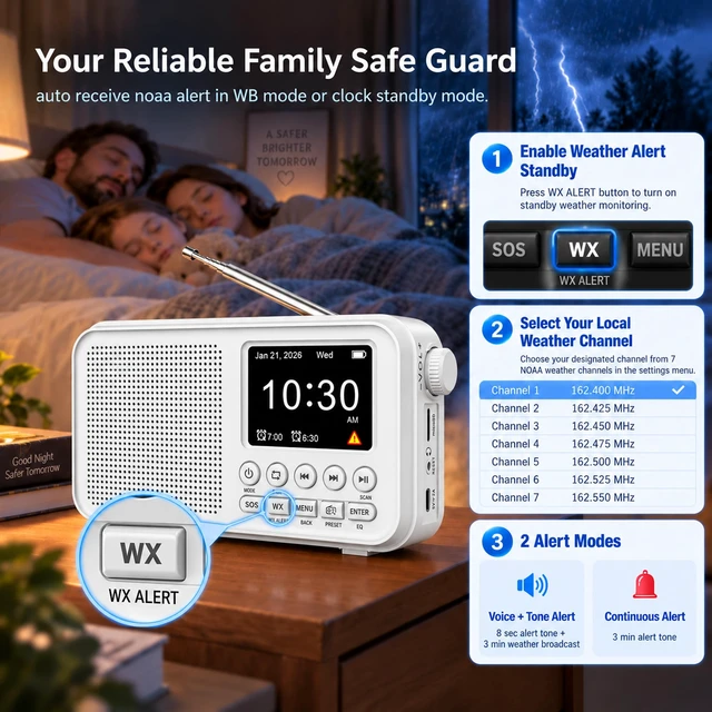 Alt view image 3 of 7 - Portable FM Radio with 40 Presets, Bluetooth & 3000mAh Battery NOAA Weather Alert, MicroSD Playback, 8W Speaker, Headphone Jack, Dual Alarm Clock & Sleep Timer for Home and Bedroom
