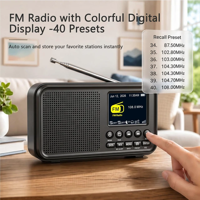 Alt view image 2 of 7 - Portable FM Radio with Bluetooth, NOAA Weather Alert & Rechargeable Battery microSD playback, 40 FM presets, digital display, dual alarms, sleep timer, EQ, headphone jack for home, bedroom, kitchen