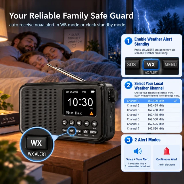 Alt view image 3 of 7 - Portable FM Radio with Bluetooth, NOAA Weather Alert & Rechargeable Battery microSD playback, 40 FM presets, digital display, dual alarms, sleep timer, EQ, headphone jack for home, bedroom, kitchen