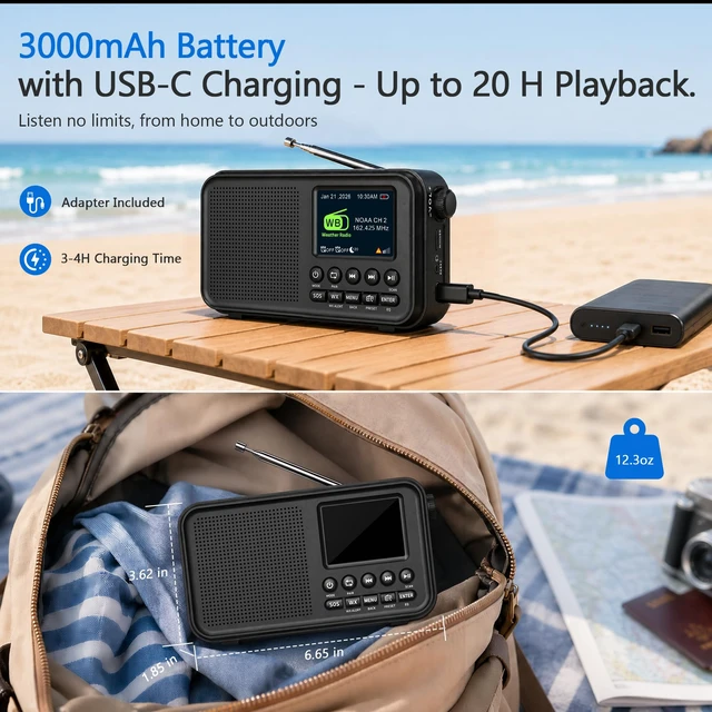 Alt view image 5 of 7 - Portable FM Radio with Bluetooth, NOAA Weather Alert & Rechargeable Battery microSD playback, 40 FM presets, digital display, dual alarms, sleep timer, EQ, headphone jack for home, bedroom, kitchen