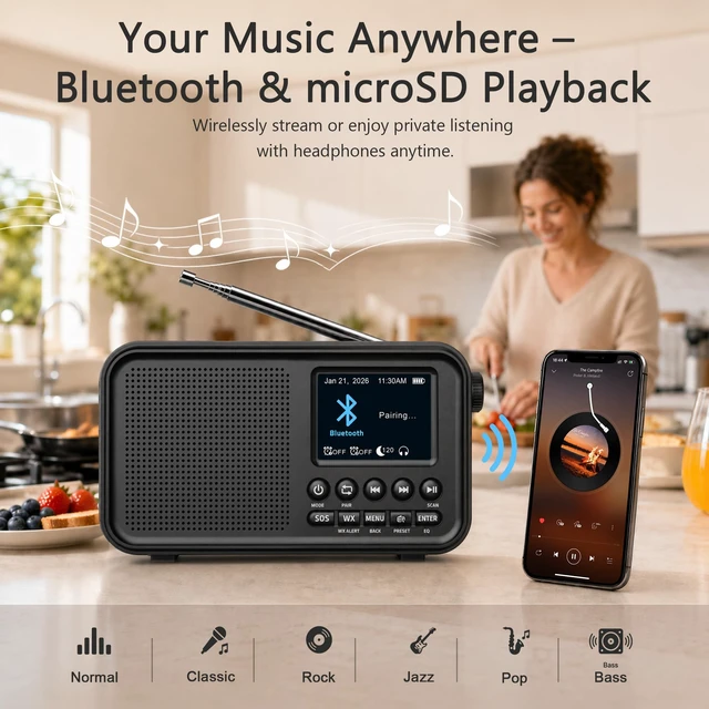 Alt view image 4 of 7 - Portable FM Radio with Bluetooth, NOAA Weather Alert & Rechargeable Battery microSD playback, 40 FM presets, digital display, dual alarms, sleep timer, EQ, headphone jack for home, bedroom, kitchen