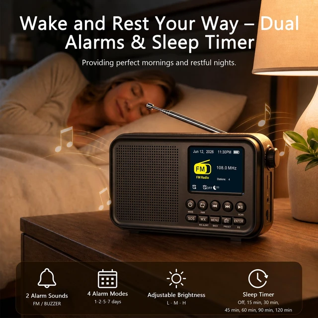 Alt view image 6 of 7 - Portable FM Radio with Bluetooth, NOAA Weather Alert & Rechargeable Battery microSD playback, 40 FM presets, digital display, dual alarms, sleep timer, EQ, headphone jack for home, bedroom, kitchen