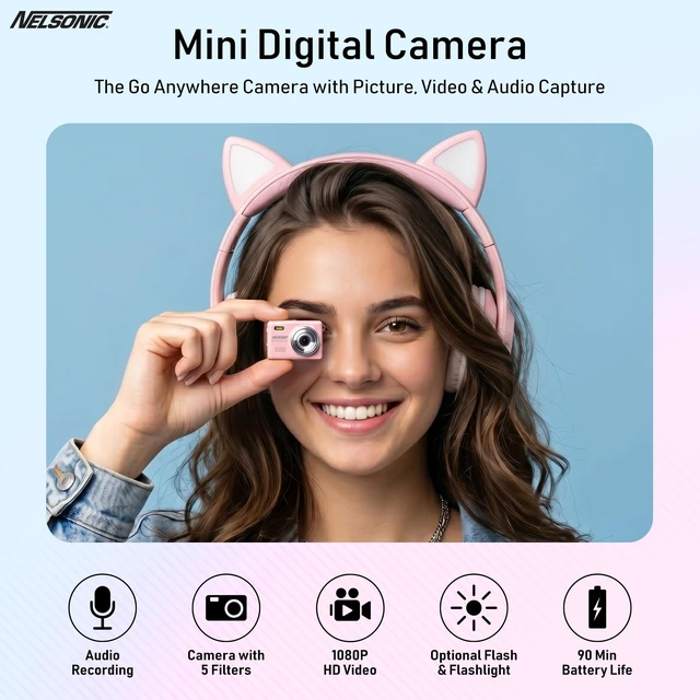 Alt view image 2 of 7 - MiniPix 1080P Digital Keychain Camera, 8GB Card, USB-C, Pink 0.96-inch color screen, 1MP sensor, photo/video capture, pocket size, clip-on design, rechargeable, travel, gifts, teens, 6+