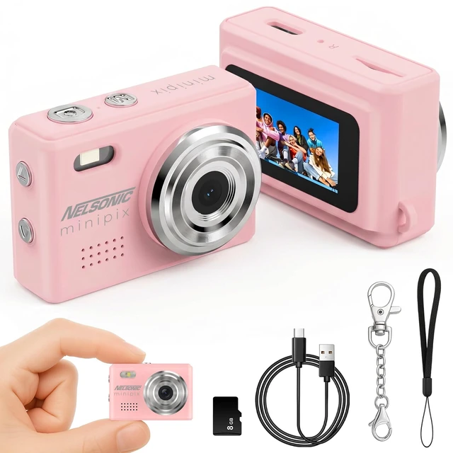 Main image of MiniPix 1080P Digital Keychain Camera, 8GB Card, USB-C, Pink 0.96-inch color screen, 1MP sensor, photo/video capture, pocket size, clip-on design, rechargeable, travel, gifts, teens, 6+