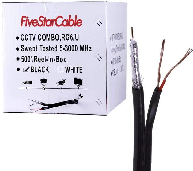 Main image of FiveStarCable Siamese RG6 Coaxial Cable with 18AWG Power Wire 500 ft. Combo CCTV Cable for Security Cameras, DVR, and Video Surveillance Systems RG6/U + 18/2 Color Black