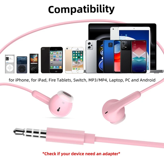 Alt view image 3 of 7 - 3.5mm Wired Earbuds in-Ear Headphones for MacBook Pro Air/Laptop/PC Pink Aux Corded Earphones with 3.5mm Jack Microphone Volume Control Plug-in Ear Buds for iPhone/Samsung/Android/Switch/Kid/School