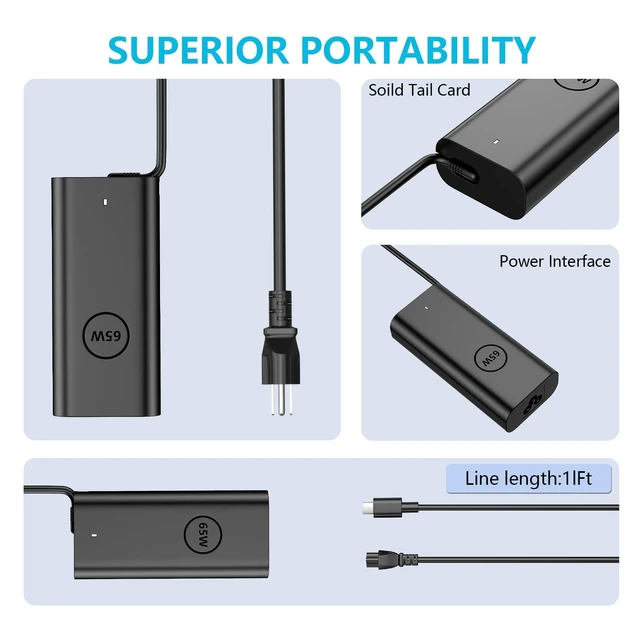 Alt view image 3 of 7 - 65W USB C Charger Compatible with Dell 14 16 Plus DB04250 DB04255 DB06250 DB16250 Pro 13 14 16 PB13250 PC14250 PC16250 PB16250 Type C Cord
