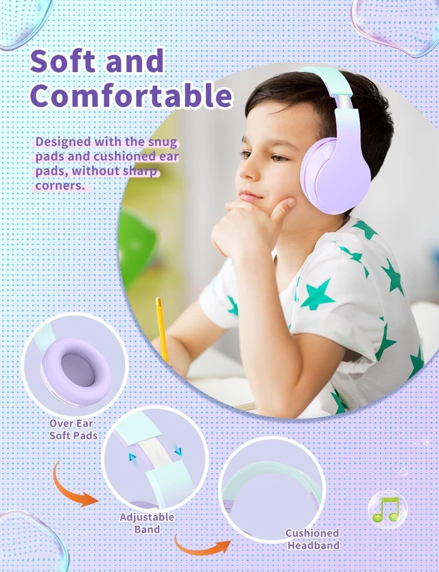 Alt view image 3 of 7 - Bluetooth Kids Headphones,Wireless Kids Headphones Over Ear with Microphones,Stereo Sound,10H Playtime, Foldable&Adjustable Children Headphone,Bluetooth Headset for Adults,School (Purple)