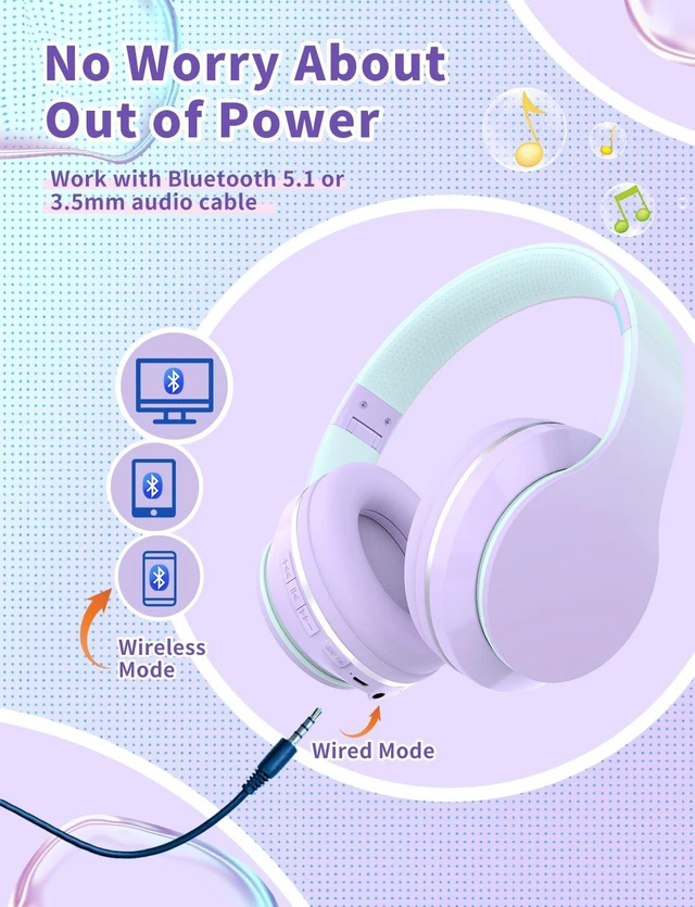 Alt view image 2 of 7 - Bluetooth Kids Headphones,Wireless Kids Headphones Over Ear with Microphones,Stereo Sound,10H Playtime, Foldable&Adjustable Children Headphone,Bluetooth Headset for Adults,School (Purple)