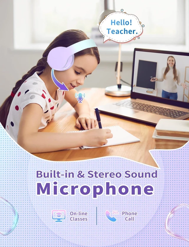 Alt view image 4 of 7 - Bluetooth Kids Headphones,Wireless Kids Headphones Over Ear with Microphones,Stereo Sound,10H Playtime, Foldable&Adjustable Children Headphone,Bluetooth Headset for Adults,School (Purple)
