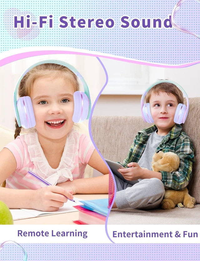Alt view image 5 of 7 - Bluetooth Kids Headphones,Wireless Kids Headphones Over Ear with Microphones,Stereo Sound,10H Playtime, Foldable&Adjustable Children Headphone,Bluetooth Headset for Adults,School (Purple)