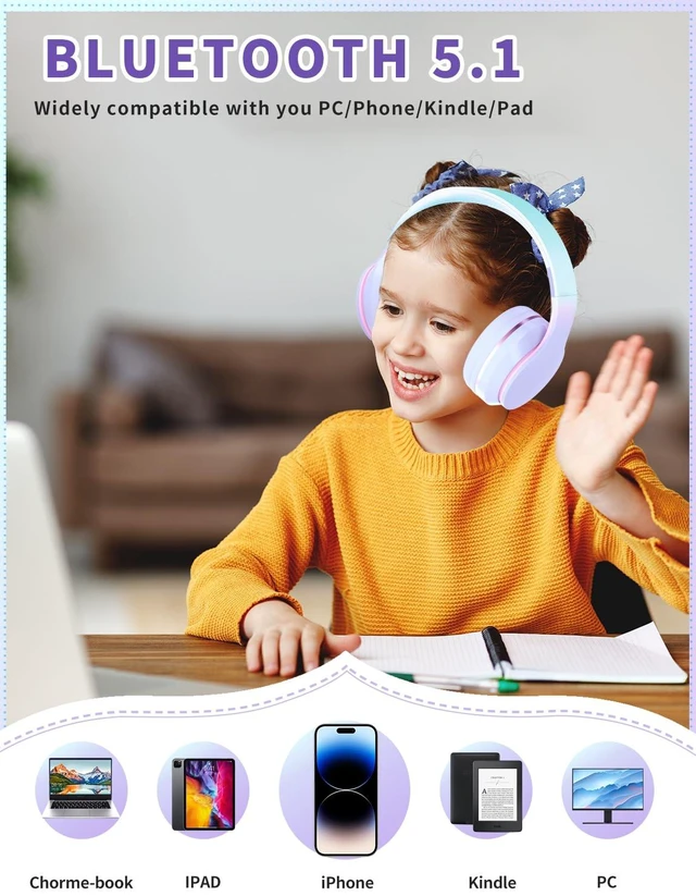Alt view image 6 of 7 - Bluetooth Kids Headphones,Wireless Kids Headphones Over Ear with Microphones,Stereo Sound,10H Playtime, Foldable&Adjustable Children Headphone,Bluetooth Headset for Adults,School (Purple)
