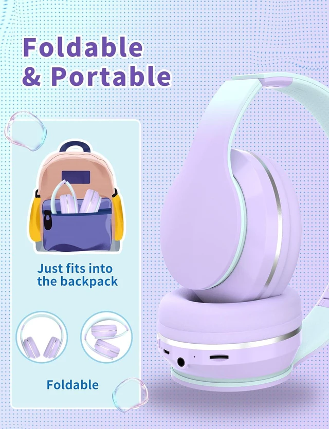 Alt view image 7 of 7 - Bluetooth Kids Headphones,Wireless Kids Headphones Over Ear with Microphones,Stereo Sound,10H Playtime, Foldable&Adjustable Children Headphone,Bluetooth Headset for Adults,School (Purple)