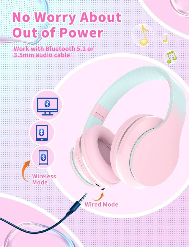 Alt view image 2 of 7 - Bluetooth Kids Headphones,Wireless Kids Headphones Over Ear with Microphones,Stereo Sound,10H Playtime, Foldable&Adjustable Children Headphone,Bluetooth Headset for Adults,School (Pink)