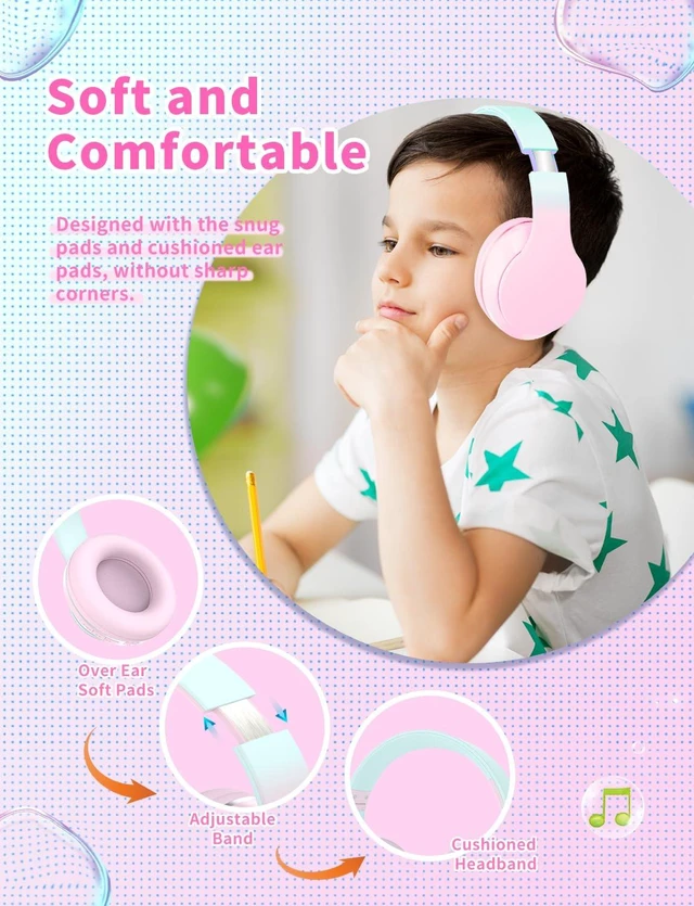 Alt view image 3 of 7 - Bluetooth Kids Headphones,Wireless Kids Headphones Over Ear with Microphones,Stereo Sound,10H Playtime, Foldable&Adjustable Children Headphone,Bluetooth Headset for Adults,School (Pink)