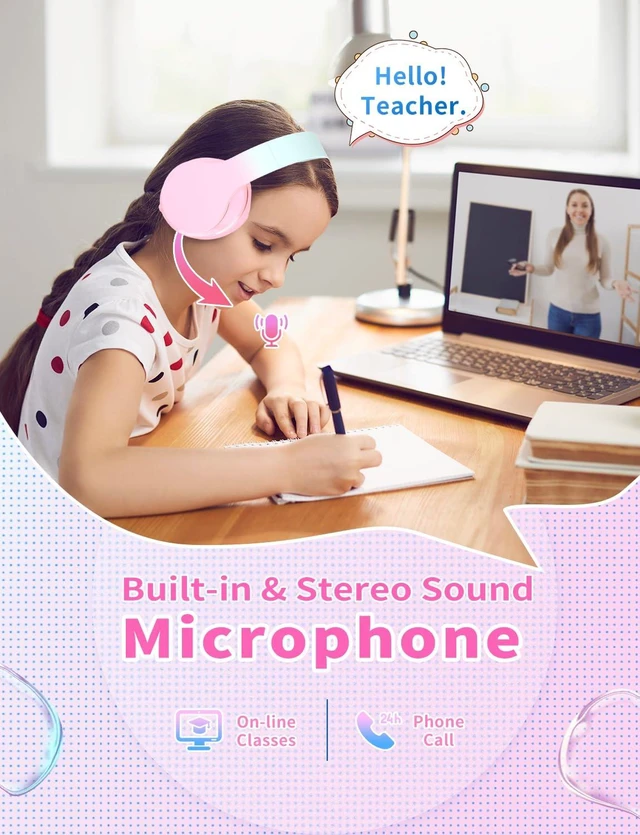 Alt view image 4 of 7 - Bluetooth Kids Headphones,Wireless Kids Headphones Over Ear with Microphones,Stereo Sound,10H Playtime, Foldable&Adjustable Children Headphone,Bluetooth Headset for Adults,School (Pink)