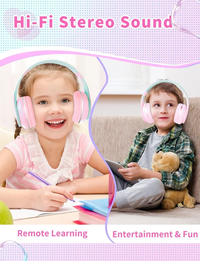 Alt view image 5 of 7 - Bluetooth Kids Headphones,Wireless Kids Headphones Over Ear with Microphones,Stereo Sound,10H Playtime, Foldable&Adjustable Children Headphone,Bluetooth Headset for Adults,School (Pink)