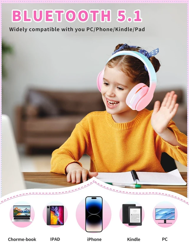 Alt view image 6 of 7 - Bluetooth Kids Headphones,Wireless Kids Headphones Over Ear with Microphones,Stereo Sound,10H Playtime, Foldable&Adjustable Children Headphone,Bluetooth Headset for Adults,School (Pink)