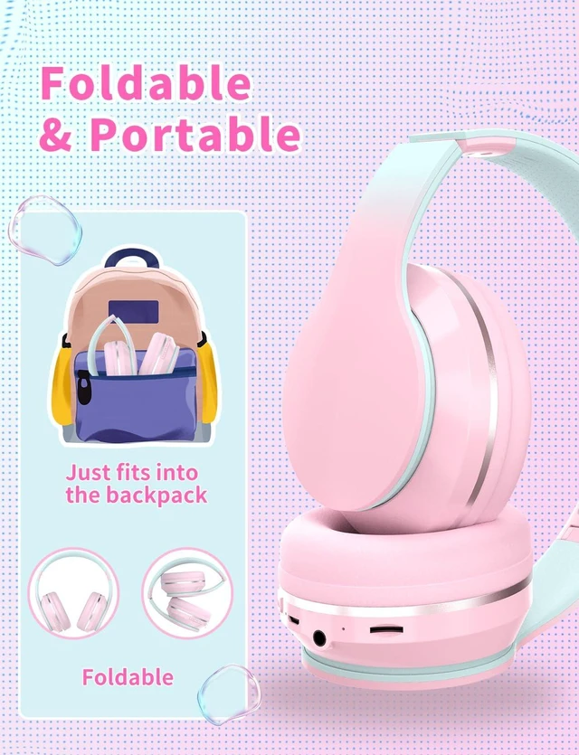Alt view image 7 of 7 - Bluetooth Kids Headphones,Wireless Kids Headphones Over Ear with Microphones,Stereo Sound,10H Playtime, Foldable&Adjustable Children Headphone,Bluetooth Headset for Adults,School (Pink)