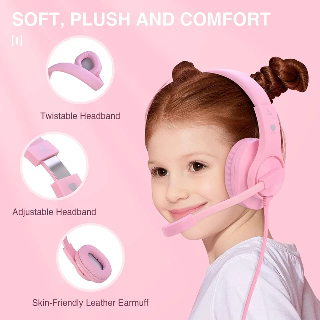 Alt view image 3 of 6 - Kids Headphones for Online School, Children, Teens, Boys, Girls, Over-Ear Kids Gaming Headphones with Microphone and Volume Control for PS4, PS5Pink