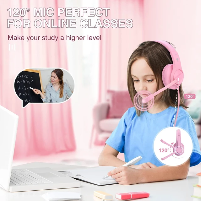 Alt view image 4 of 6 - Kids Headphones for Online School, Children, Teens, Boys, Girls, Over-Ear Kids Gaming Headphones with Microphone and Volume Control for PS4, PS5Pink