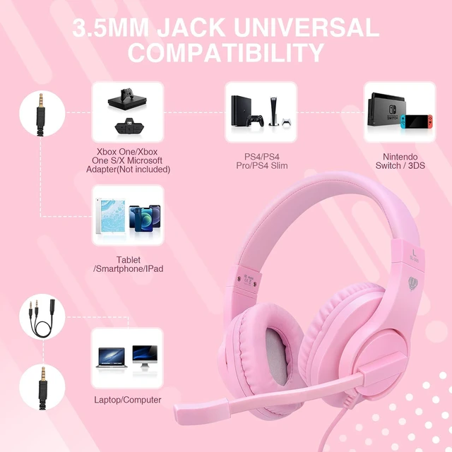 Alt view image 5 of 6 - Kids Headphones for Online School, Children, Teens, Boys, Girls, Over-Ear Kids Gaming Headphones with Microphone and Volume Control for PS4, PS5Pink