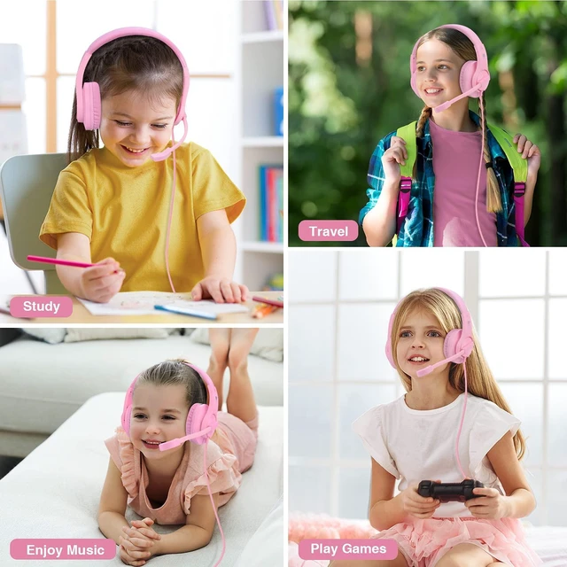 Alt view image 6 of 6 - Kids Headphones for Online School, Children, Teens, Boys, Girls, Over-Ear Kids Gaming Headphones with Microphone and Volume Control for PS4, PS5Pink