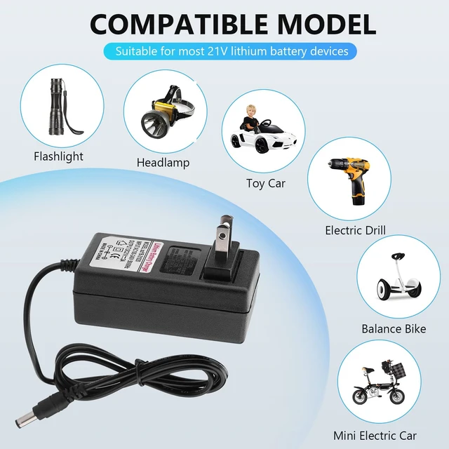 Alt view image 4 of 7 - 21V 2A Lithium Battery Charger, 21 Volt Power Adapter for Headlight, Toy Car, Balance Car - AC 100-240V Adapter with LED Indicator (US Plug 50Hz/ 60Hz)