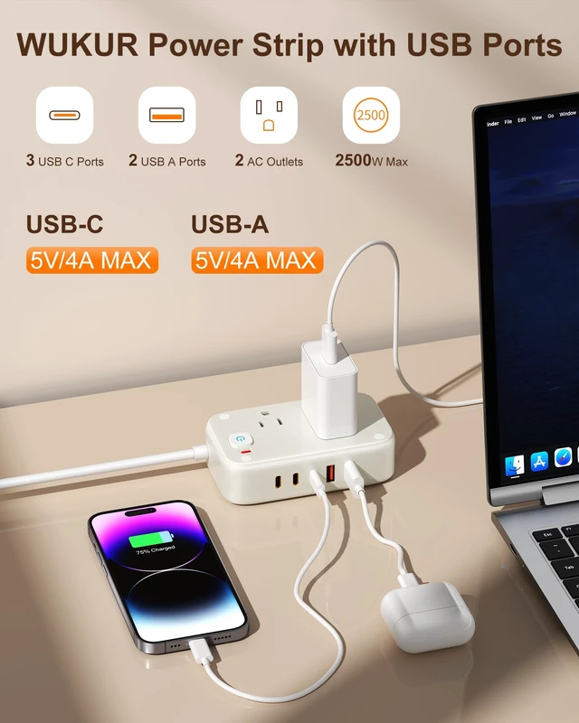 Alt view image 2 of 7 - Travel Power Strip with USB Ports: 40W Desk Power Strips with 2 AC Outlets, 3 USB-C & 2 USB-A Ports, 5Ft Cruise Approved Power Strip Flat Extension Cord for Home, Dorm, Office, Travel Essentials