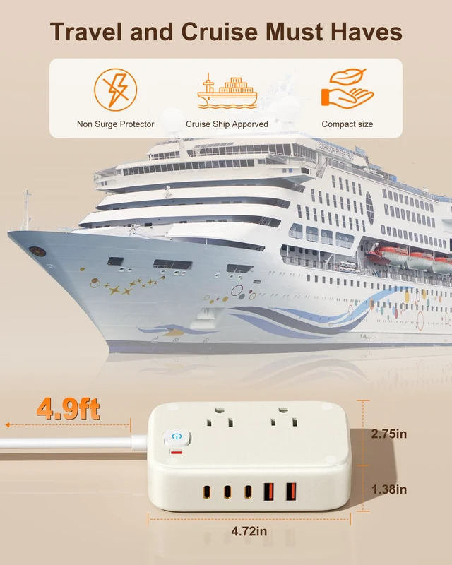 Alt view image 3 of 7 - Travel Power Strip with USB Ports: 40W Desk Power Strips with 2 AC Outlets, 3 USB-C & 2 USB-A Ports, 5Ft Cruise Approved Power Strip Flat Extension Cord for Home, Dorm, Office, Travel Essentials