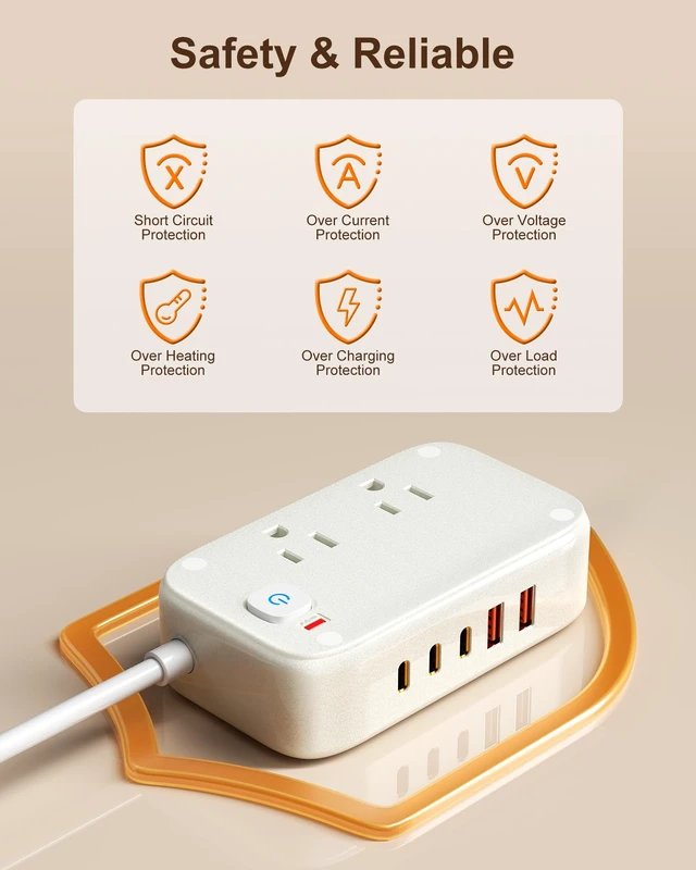Alt view image 6 of 7 - Travel Power Strip with USB Ports: 40W Desk Power Strips with 2 AC Outlets, 3 USB-C & 2 USB-A Ports, 5Ft Cruise Approved Power Strip Flat Extension Cord for Home, Dorm, Office, Travel Essentials