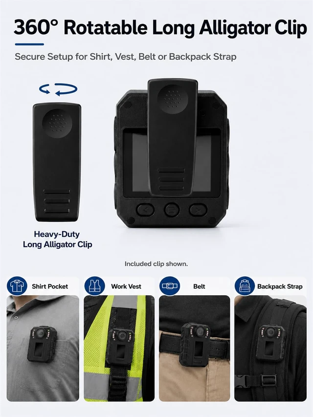 Alt view image 4 of 7 - 10 Hours Body Cameras with Audio and Video Recording, Real 1080P Body Cam for Security Guards, 2-Inch Screen Bodycam with Clear IR Night Vision, USB-C, 64GB Card, 360° Clip (64G)