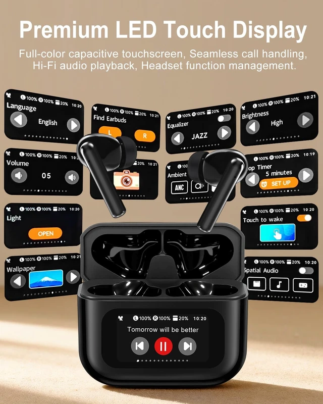 Alt view image 2 of 7 - Wireless Earbuds Bluetooth Headphones with LED Touchsceen, Black IPX7 Waterproof Wireless Earphones, Hi-Fi Stereo & 68H Playtime, ANC ENC Noise Cancelling, for Work/Running/Trave