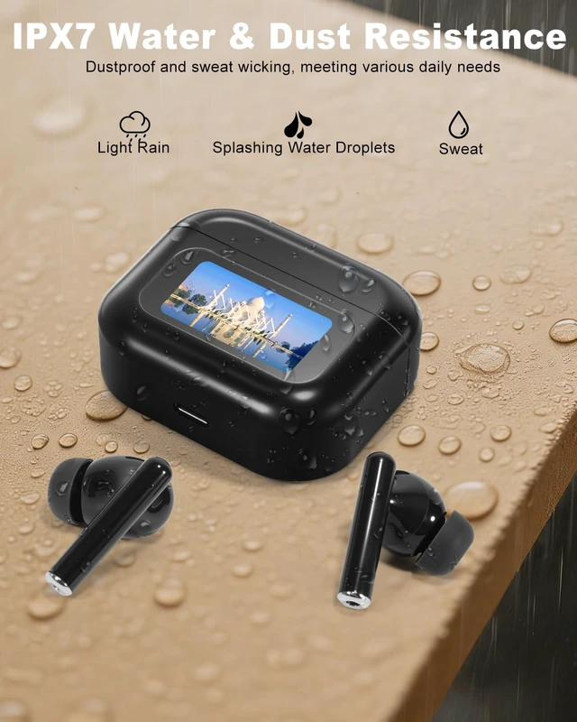 Alt view image 6 of 7 - Wireless Earbuds Bluetooth Headphones with LED Touchsceen, Black IPX7 Waterproof Wireless Earphones, Hi-Fi Stereo & 68H Playtime, ANC ENC Noise Cancelling, for Work/Running/Trave