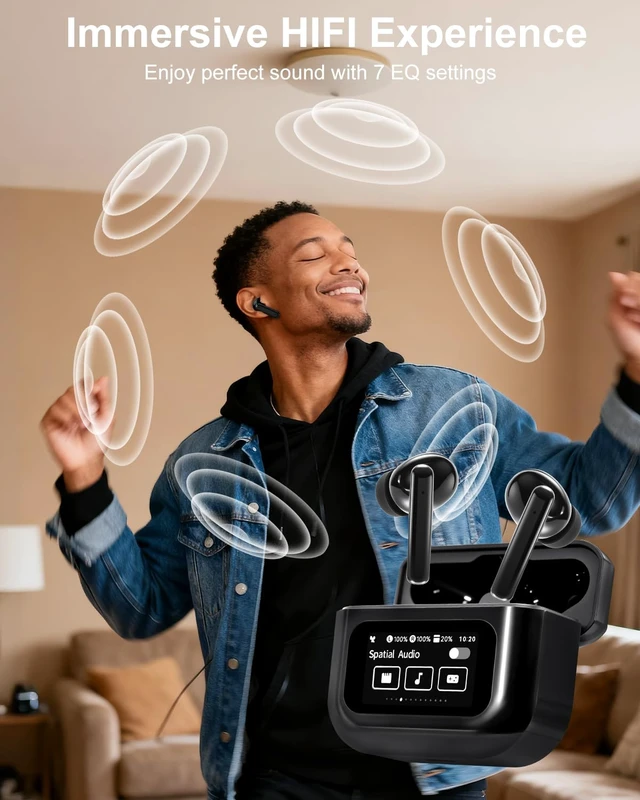 Alt view image 7 of 7 - Wireless Earbuds Bluetooth Headphones with LED Touchsceen, Black IPX7 Waterproof Wireless Earphones, Hi-Fi Stereo & 68H Playtime, ANC ENC Noise Cancelling, for Work/Running/Trave