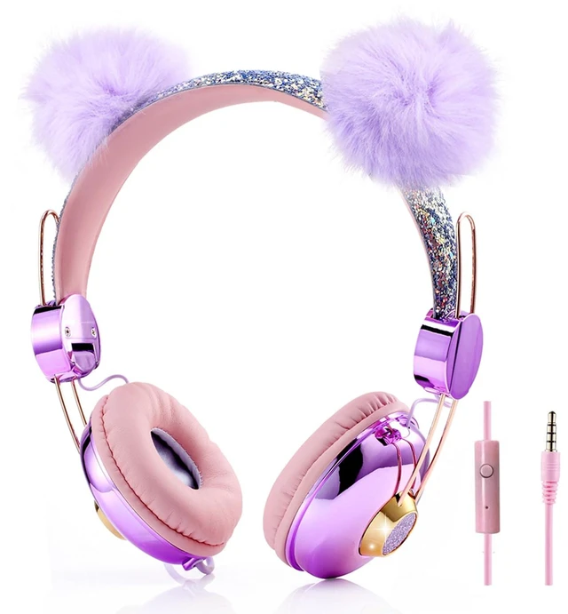 Main image of Kids Headphones for Girls, Cute Bear Ear Headphones with Microphone, 3.5mm Jack Wired Girls Headphones for School/Travel/iPad/Tablet (Purple)