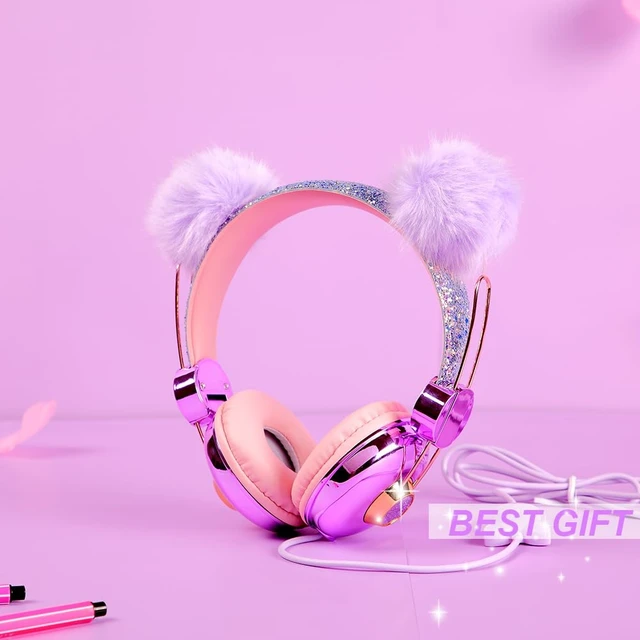 Alt view image 2 of 4 - Kids Headphones for Girls, Cute Bear Ear Headphones with Microphone, 3.5mm Jack Wired Girls Headphones for School/Travel/iPad/Tablet (Purple)